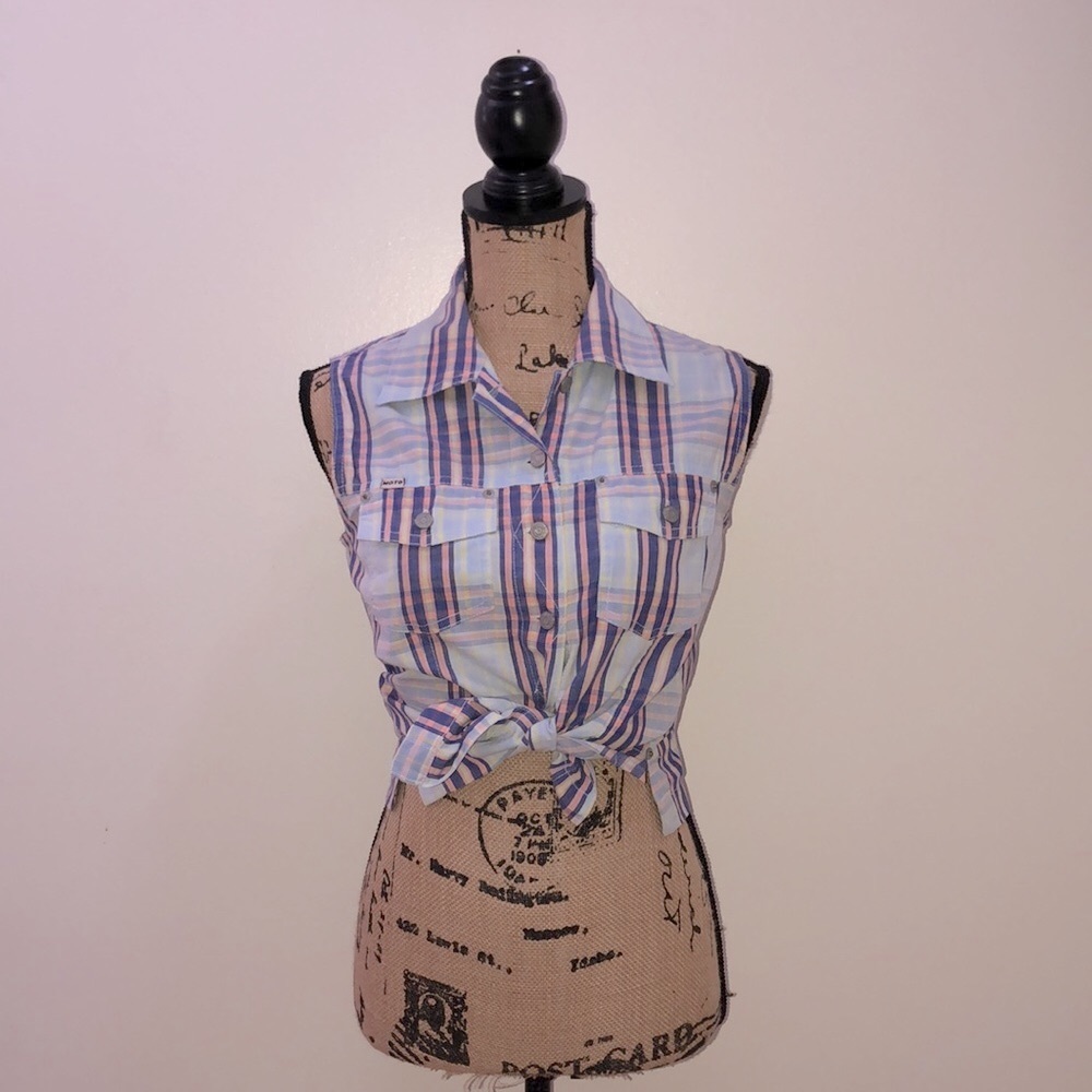 Vintage Y2k Moto Plaid Button Down Sleeveless Top